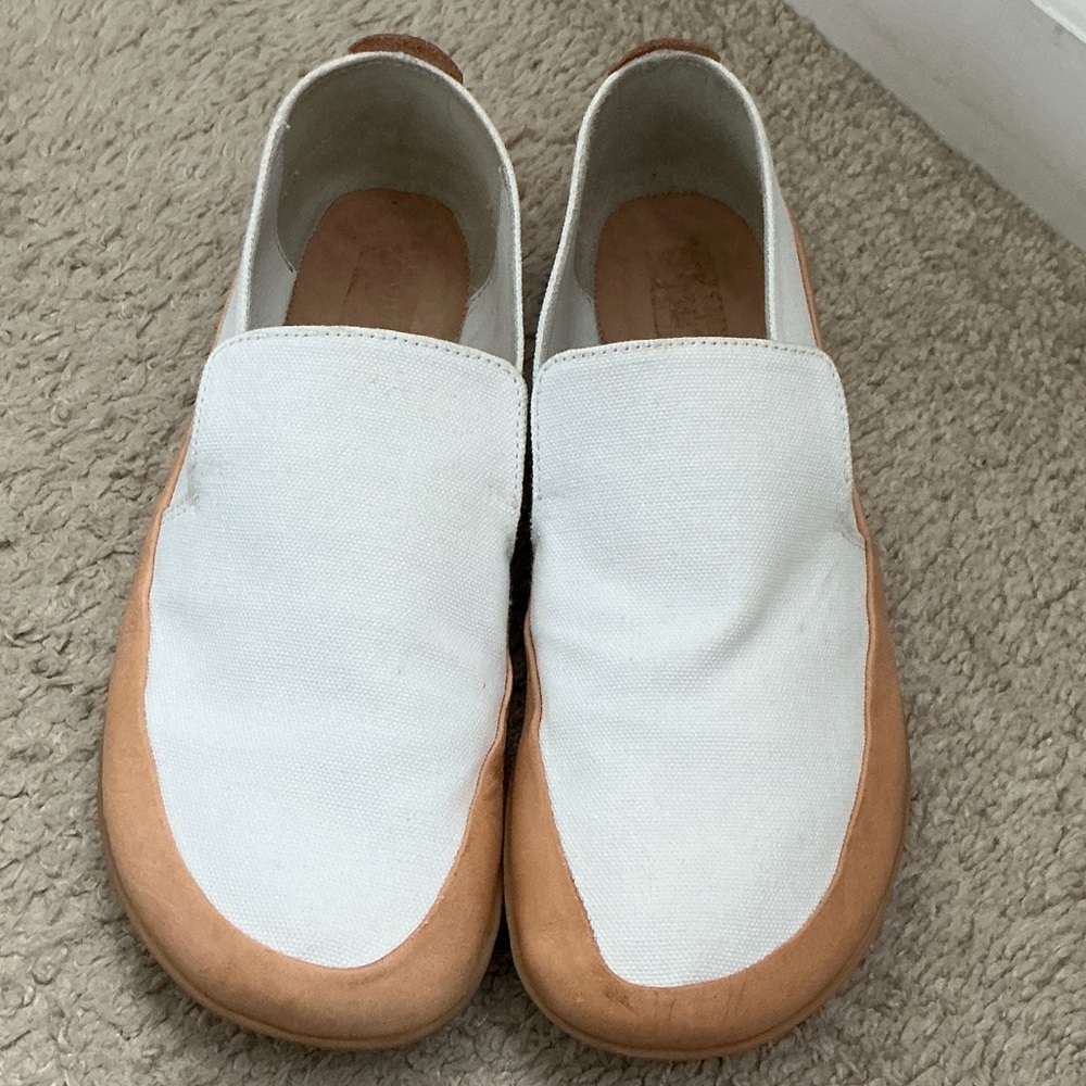 Opanka white canvas slip on with leather trim